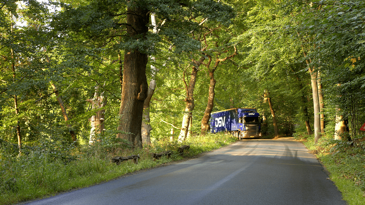 DSV trailer kjører på vei gjennom skog.